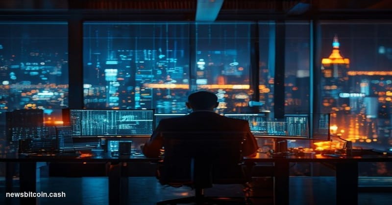 Cinematic photorealistic editorial photograph set in a Thai police cybercrime operations center at night, Bangkok city lights