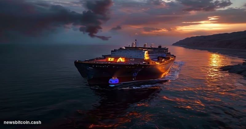 Cinematic photorealistic editorial photograph of a massive oil tanker navigating the narrow, haze-shrouded Strait of Hormuz a