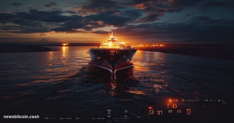 Cinematic photorealistic editorial photograph of a massive oil tanker navigating a narrow, geopolitically tense strait at dus