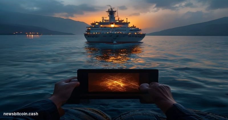 Cinematic photorealistic editorial photograph of a massive oil tanker navigating the narrow blue-grey waters of the Strait of