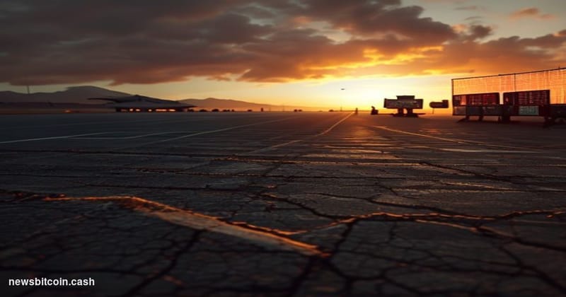 Cinematic photorealistic editorial photograph shot at dusk from a low angle, looking across a vast desert airfield tarmac in 