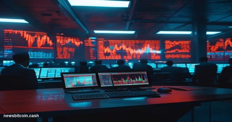 Cinematic photorealistic editorial photograph of a large financial trading floor, dramatically lit from above with cold blue 
