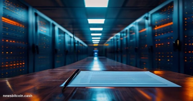 Cinematic photorealistic editorial photograph of a modern data center corridor representing a Bitcoin mining operation, shot 