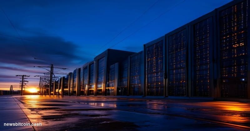 Cinematic photorealistic editorial photograph of a massive industrial data center facility at dusk, shot from a low angle loo