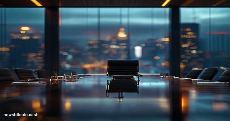 Cinematic photorealistic editorial photograph of an empty executive boardroom chair at the head of a long polished dark walnu