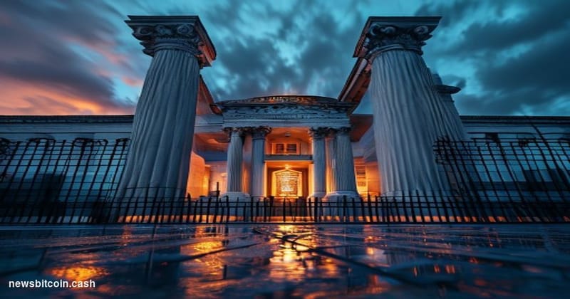 Cinematic photorealistic editorial photograph of a federal courthouse exterior at dusk, shot from a low angle looking up at i