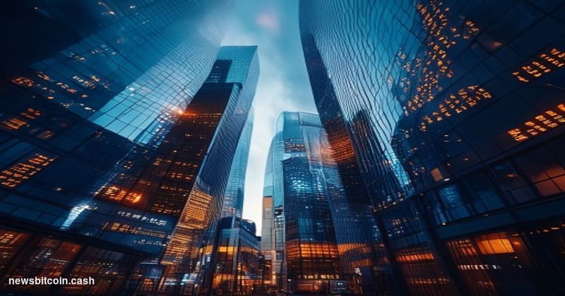Cinematic photorealistic editorial photograph of a sleek modern Tokyo financial district skyline at dusk, shot from a low ang