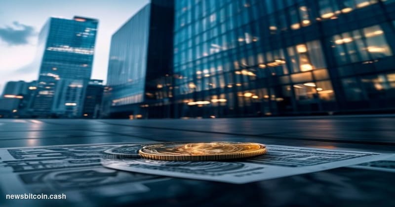 Cinematic photorealistic editorial photograph shot at ground level looking up at a sleek modern Tokyo financial district buil
