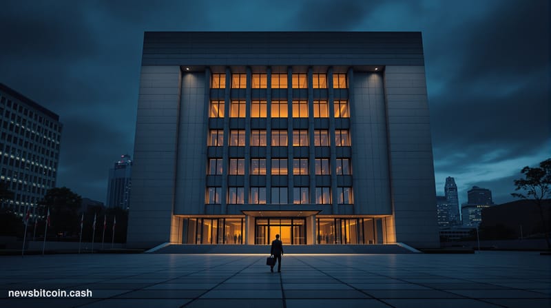 Cinematic photorealistic editorial photograph of the Japanese Financial Services Agency headquarters building in Tokyo's Kasu
