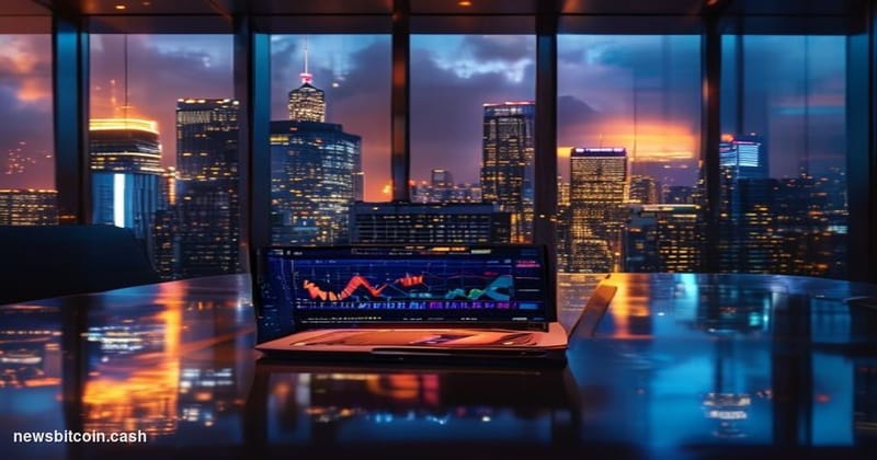 Cinematic photorealistic editorial photograph of a sleek Tokyo financial district skyline at dusk, with neon-lit glass towers
