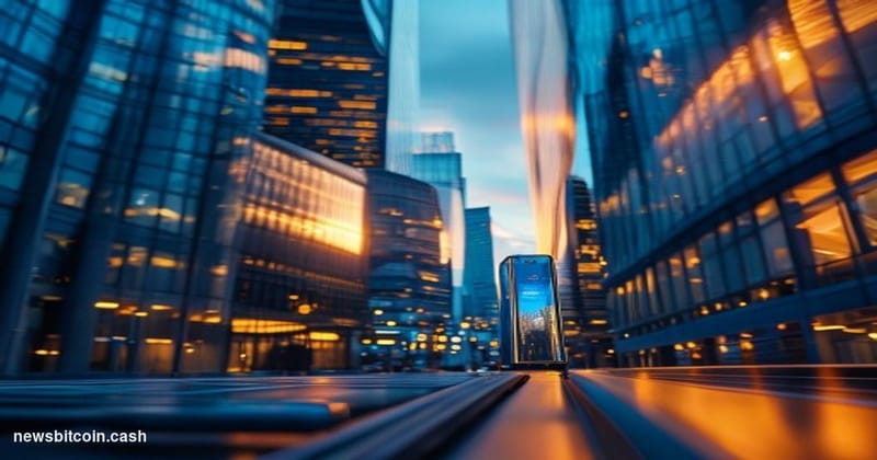 Cinematic photorealistic editorial photograph of a modern Tokyo financial district street-level scene at dusk, with the neon-
