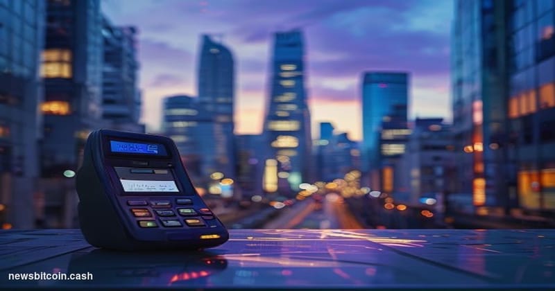 Cinematic photorealistic editorial photograph of a sleek Tokyo financial district street at dusk, with the distinctive neon-l