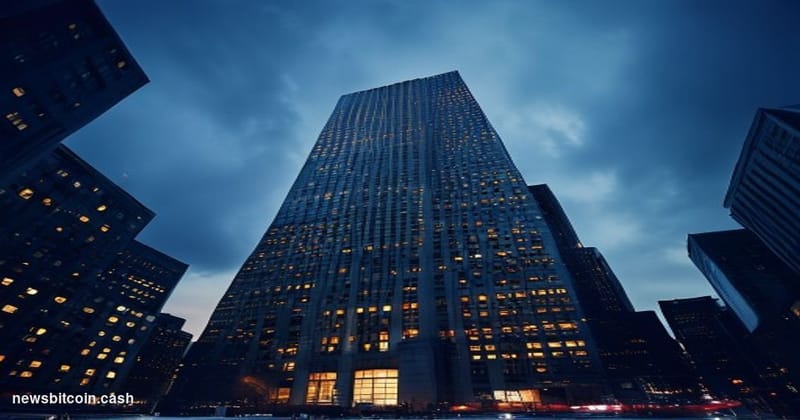 Cinematic photorealistic editorial photograph of JPMorgan Chase's iconic Manhattan headquarters tower at dusk, shot from a lo