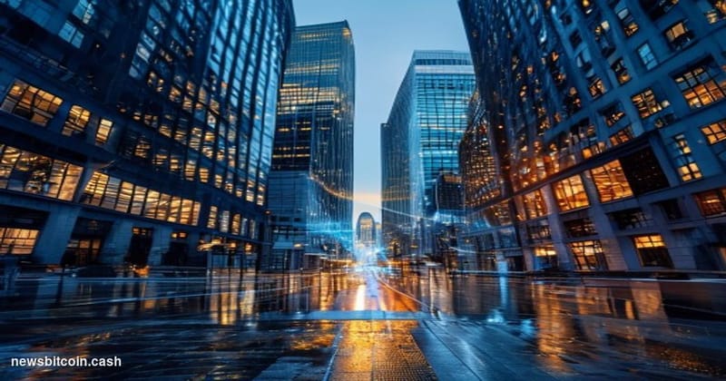 Cinematic photorealistic editorial photograph of a grand banking district at dusk, with the imposing glass-and-steel facades 