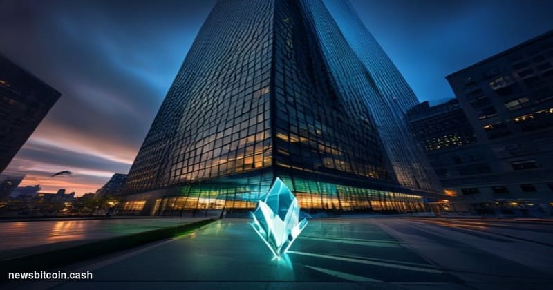 Cinematic photorealistic editorial photograph of JPMorgan's Manhattan headquarters tower at 383 Madison Avenue shot from a lo