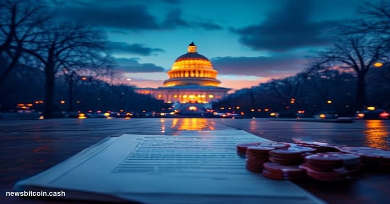 Cinematic photorealistic editorial photograph of the United States Capitol building at dusk, shot from a low angle looking up