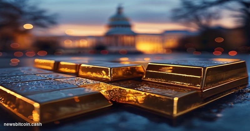 Cinematic photorealistic editorial photograph of gleaming gold, silver, and platinum bullion bars arranged on a dark reflecti