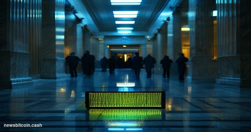 A cinematic photorealistic editorial photograph set inside a darkened federal courthouse corridor in Washington D.C., with ma