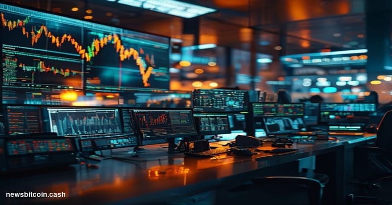 Cinematic photorealistic editorial photograph of a dimly lit trading floor environment with multiple screens displaying live 