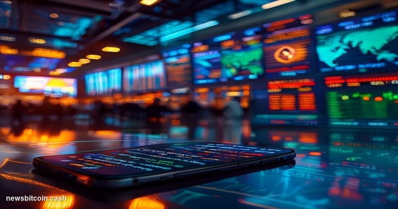 Cinematic photorealistic editorial photograph of a large digital trading floor with massive curved screens displaying live sp