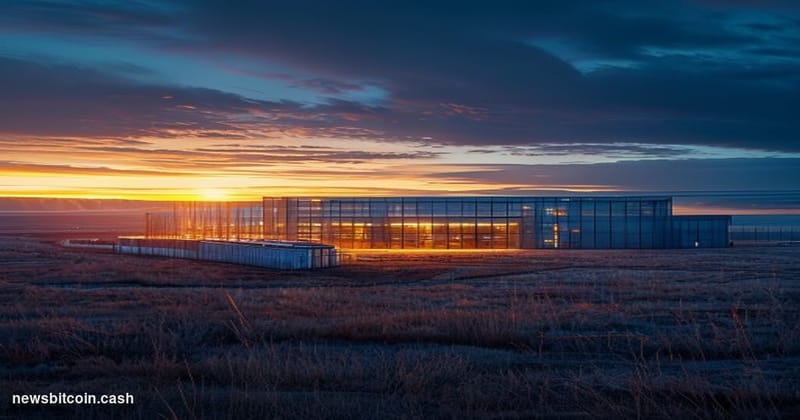 Cinematic photorealistic editorial photograph of a large-scale Bitcoin mining facility on the vast Kazakh steppe, shot at dus