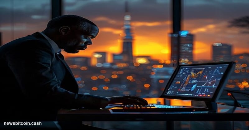 A cinematic photorealistic editorial photograph set in Nairobi, Kenya, with the city's recognizable skyline visible in the ba