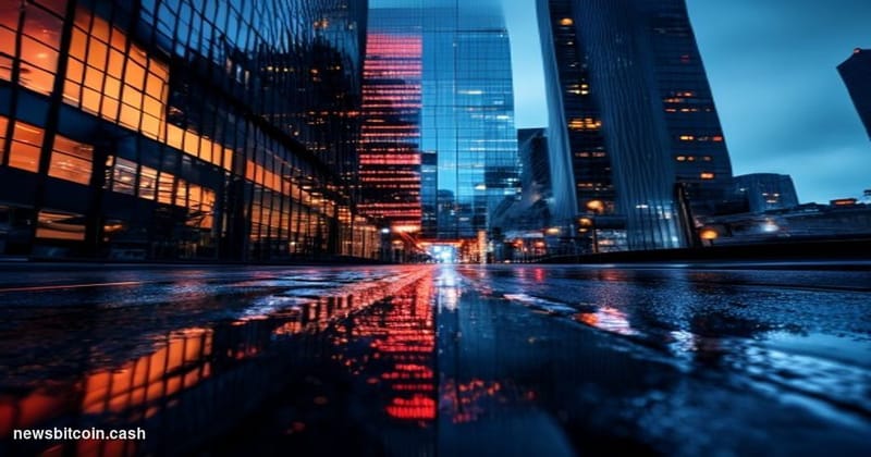 Cinematic photorealistic editorial photograph shot from a low angle looking up at the Tokyo Stock Exchange building facade in