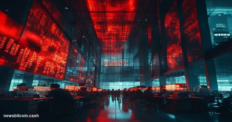 Cinematic photorealistic editorial photograph of the Korea Exchange trading floor in Seoul, South Korea, shot from a low angl