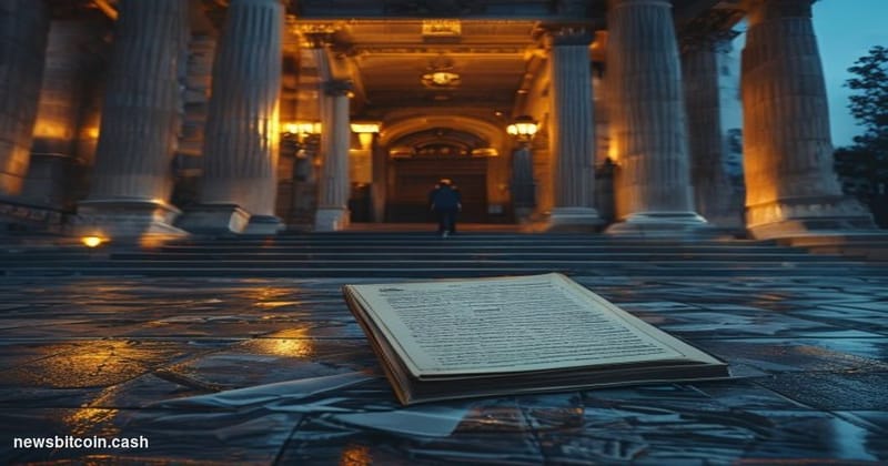 Cinematic photorealistic editorial photograph of the entrance to a Delaware Superior Court building at dusk, with warm amber 