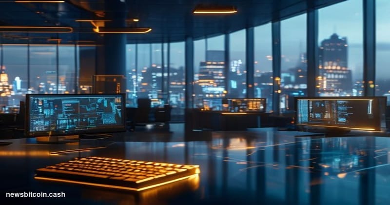 Cinematic photorealistic editorial photograph of the Kraken exchange's corporate office environment, featuring a sleek tradin