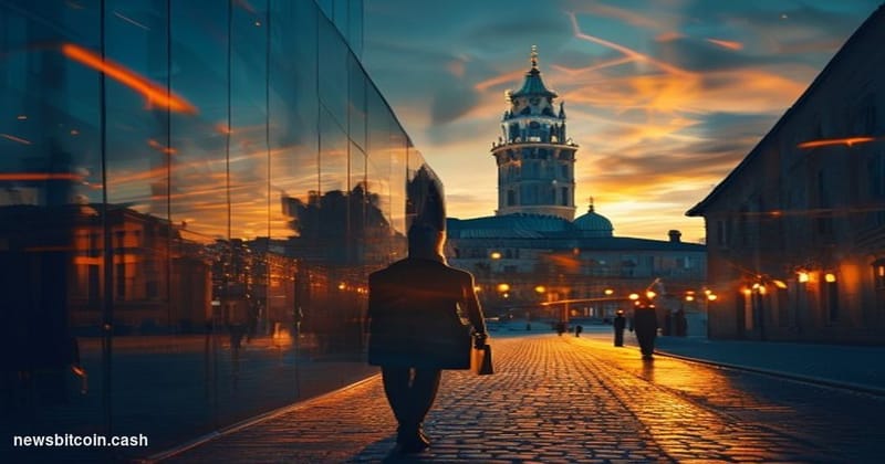 A cinematic photorealistic editorial photograph of the Vilnius, Lithuania old town skyline at dusk, with the iconic Gediminas