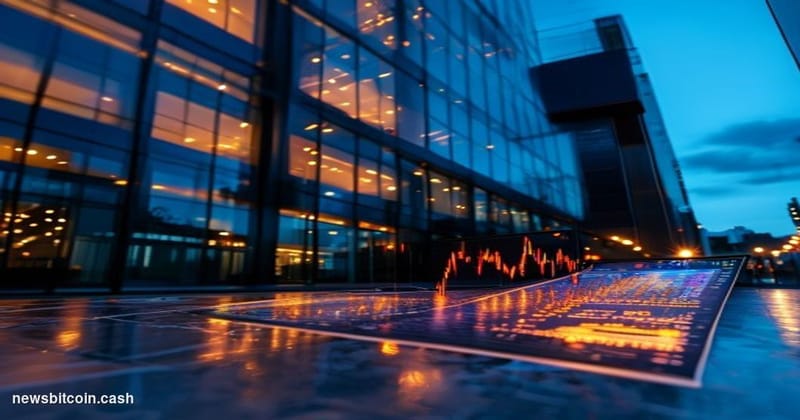 Cinematic photorealistic editorial photograph of Kraken's San Francisco office exterior at dusk, the building's glass facade 