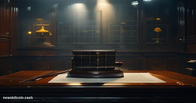 A cinematic photorealistic editorial photograph set inside a formal arbitration or legal chamber, dramatically lit from above
