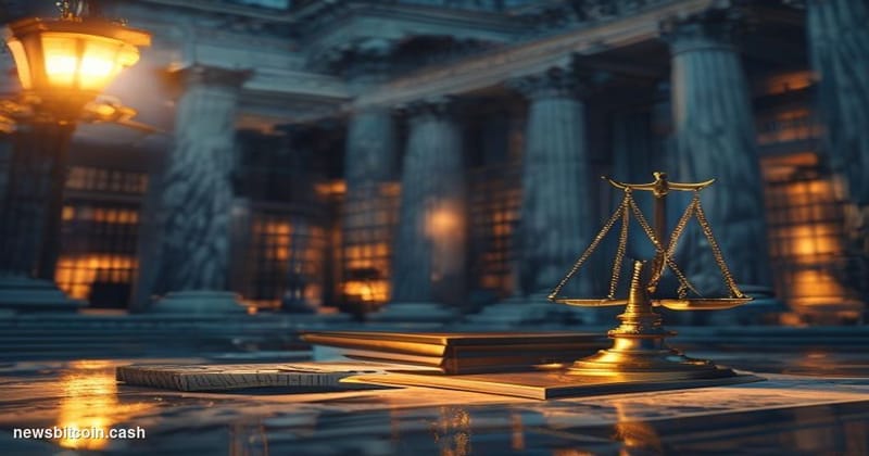 Cinematic photorealistic editorial photograph of a imposing stone courthouse exterior at dusk, with dramatic side lighting ca
