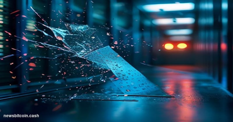 A cinematic photorealistic editorial photograph shot at low angle looking up at a shattered payment card mid-air, dramaticall