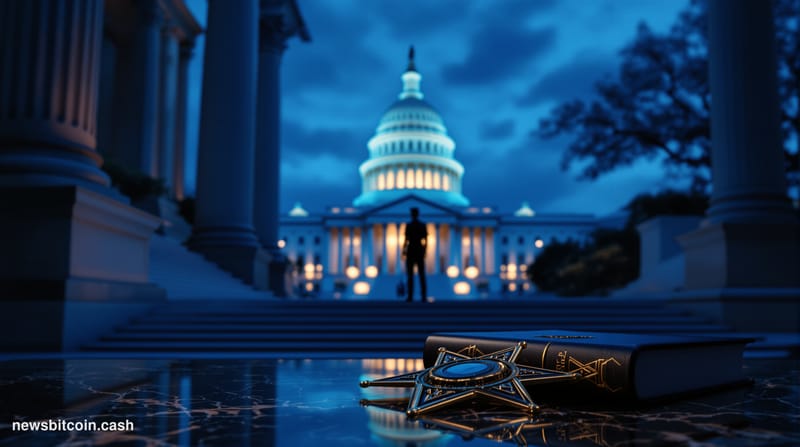 Cinematic photorealistic editorial photograph of the exterior of a federal government building in Washington D.C., shot at du