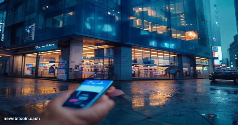 Cinematic photorealistic editorial photograph of a Lawson convenience store in Tokyo at dusk, recognizable by its signature b