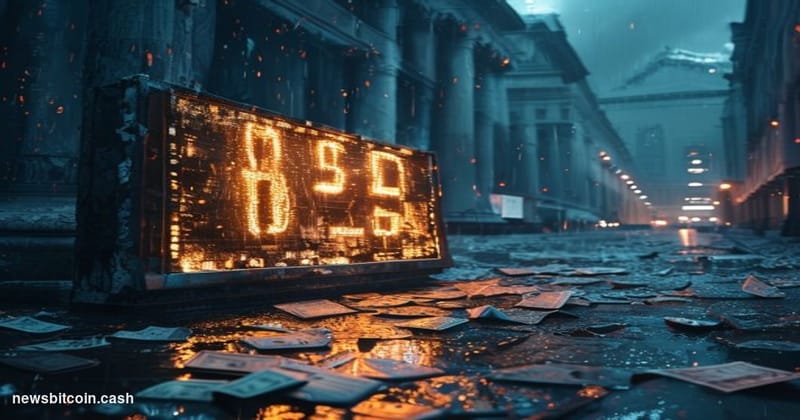 Cinematic photorealistic editorial photograph of a cracked and deteriorating stock market ticker board displaying "BTC $1,000