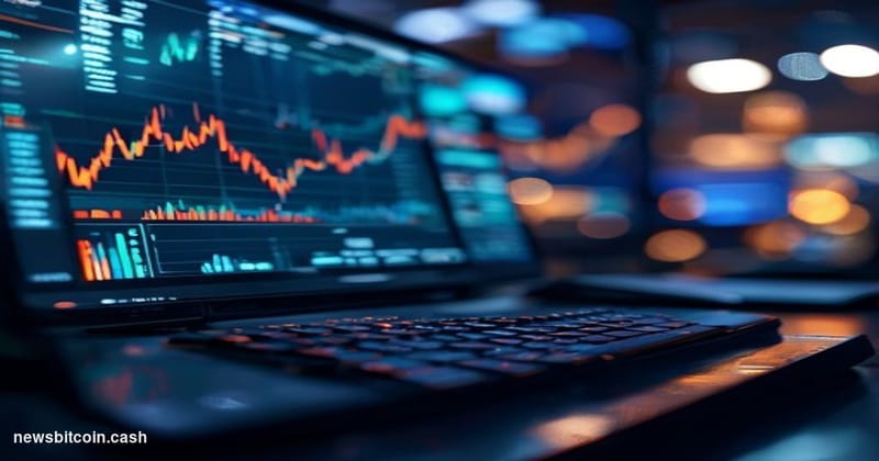 Cinematic photorealistic editorial photograph of a sleek trading terminal screen in a dimly lit professional trading floor en