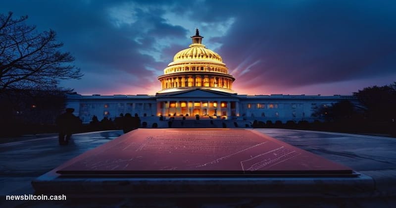 Cinematic photorealistic editorial photograph of the United States Capitol building at dusk, shot from a low angle with drama