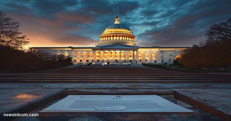 Cinematic photorealistic editorial photograph of the United States Capitol building at dusk, shot from a low angle on the Wes