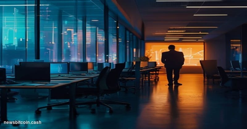 Cinematic photorealistic editorial photograph of a modern fintech office interior in partial darkness, representing workforce