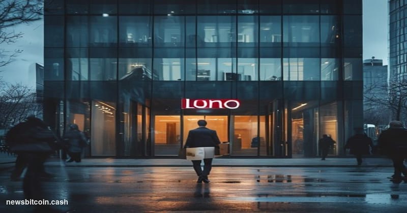 A cinematic photorealistic editorial photograph of a modern glass-fronted tech office building exterior in London's financial