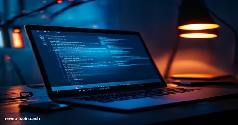 Cinematic photorealistic editorial photograph of a sleek MacBook Pro laptop open on a dark wooden desk, its screen casting a 