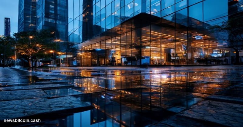 Cinematic photorealistic editorial photograph of the Marex Group London headquarters exterior at dusk, the glass facade refle