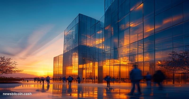 Cinematic photorealistic editorial photograph of Mastercard's corporate headquarters in Purchase, New York, shot from a low a