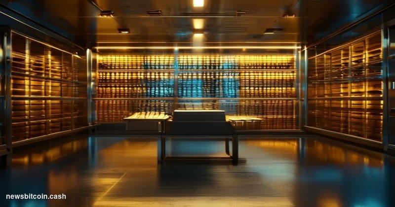A cinematic photorealistic editorial photograph of a physical gold vault interior with neatly stacked gold bars in the foregr