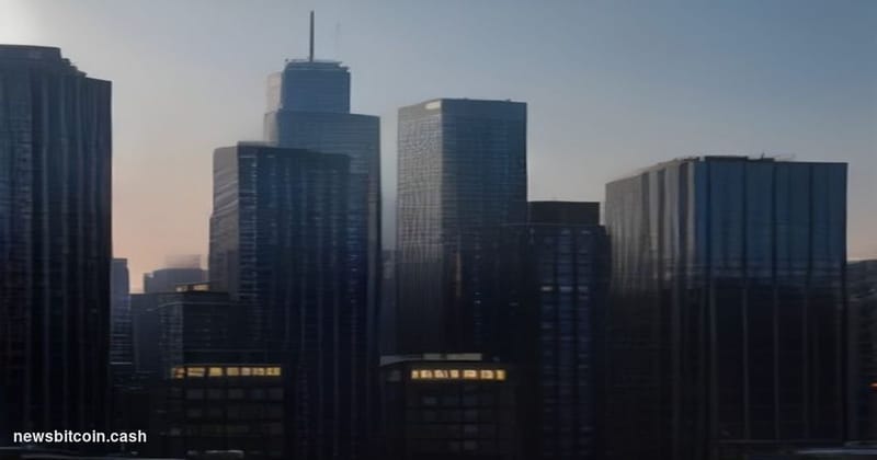 Cinematic photorealistic editorial photograph of a dramatic corporate merger scene set against the Toronto financial district