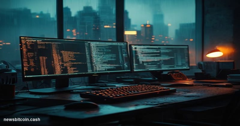 Cinematic photorealistic editorial photograph of a dimly lit developer workstation in a sparse, institutional room, dual moni