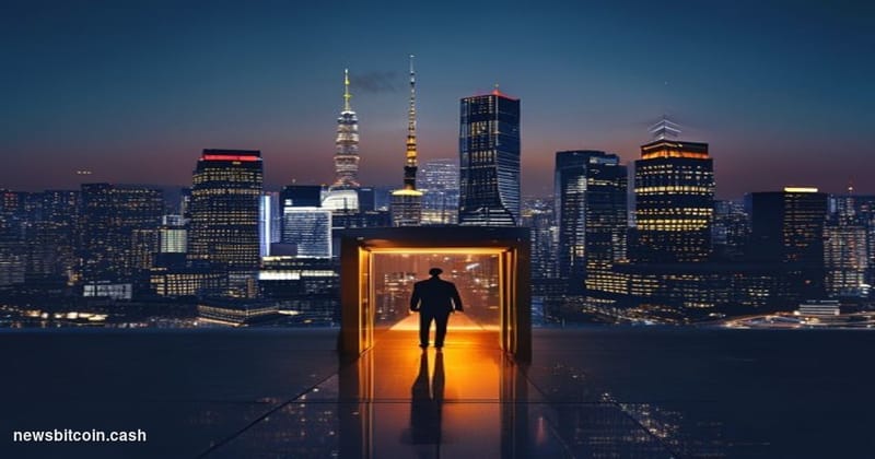 Cinematic photorealistic editorial photograph of the Tokyo financial district skyline at dusk, with the distinctive Shinjuku 